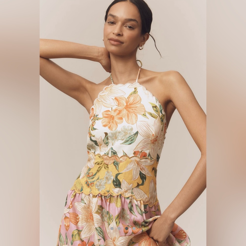 Farm Rio Floral Halter Dress with Scalloped Edges